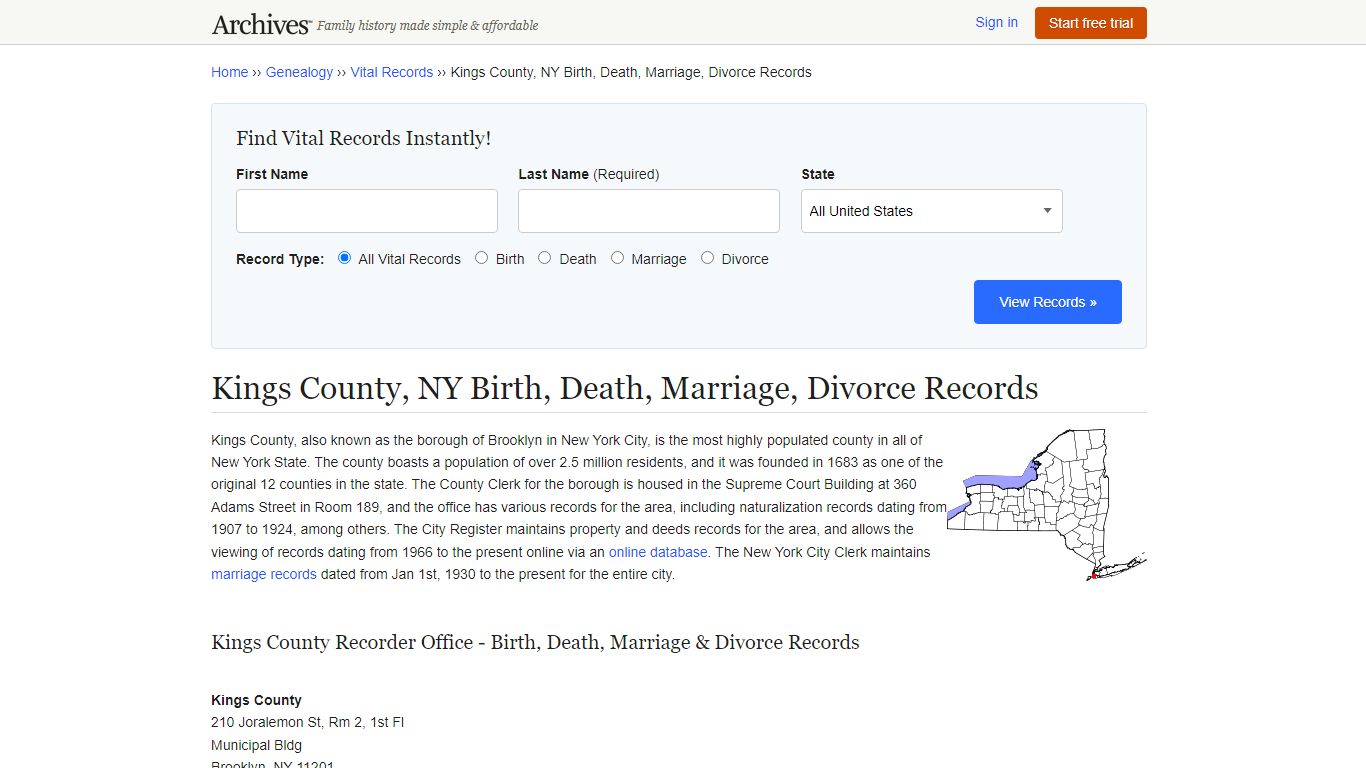 Kings County, NY Birth, Death, Marriage, Divorce Records - Archives.com
